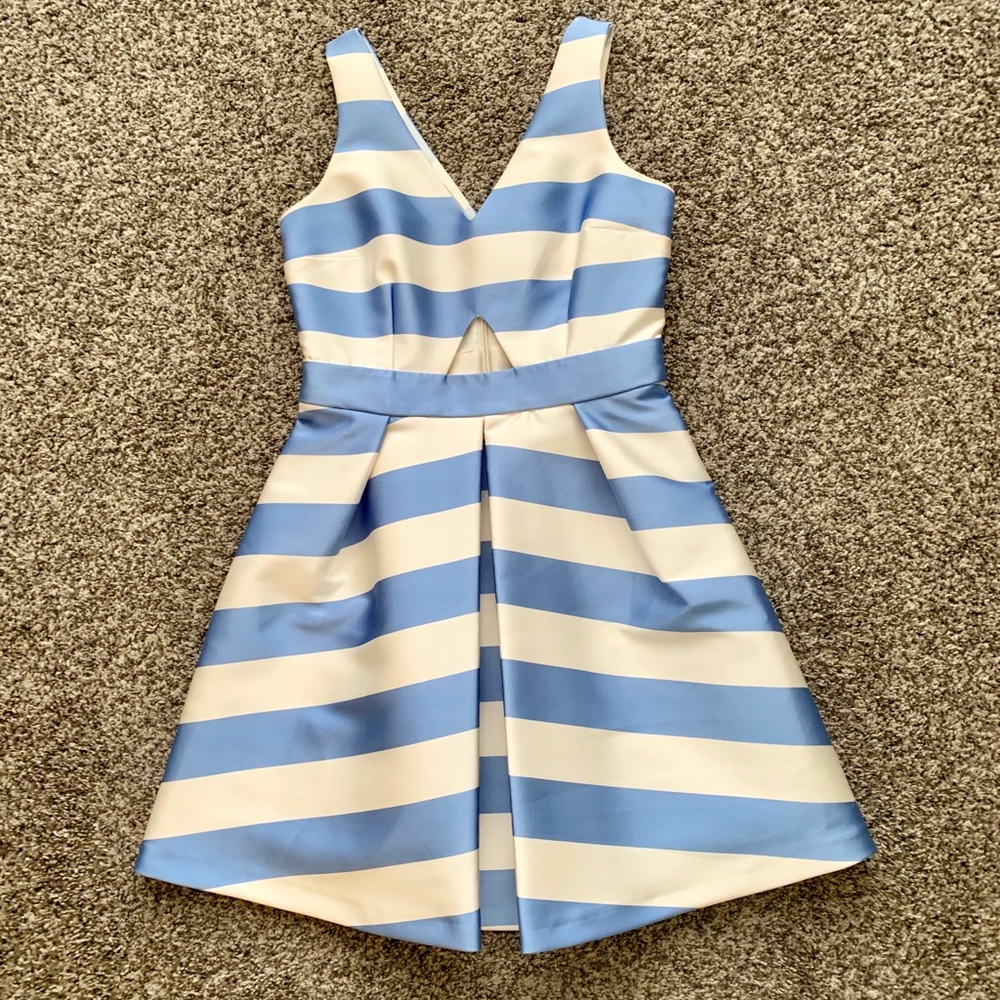 TopShop Pleated A Line Blue/Cream Striped Dress